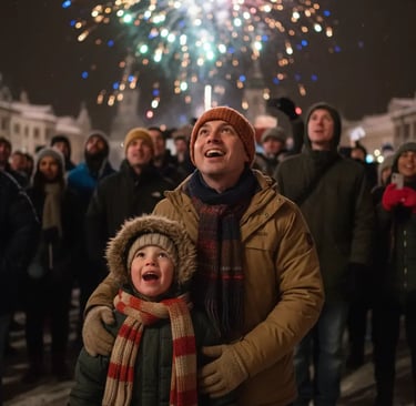 A man and a young child in winter clothing looking up in awe at a colorful firework display during a