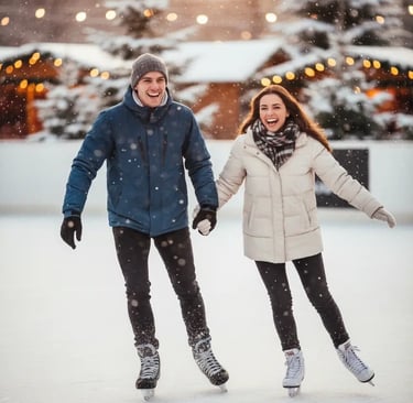 A happy young couple holding hands and ice skating on an outdoor rink with snow-covered trees and fe
