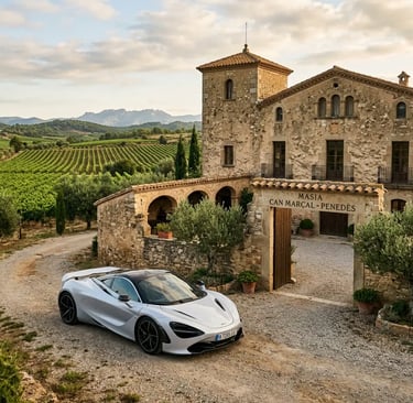 720S parked at rustic Penedès winery estate with vineyard views
