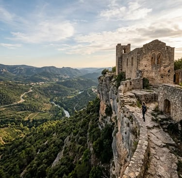 Siurana Castle ruins on cliff edge above river gorge in Priorat Catalonia