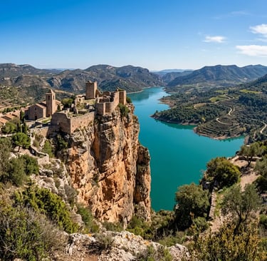 Siurana Castle ruins on a cliff edge above the turquoise reservoir in Priorat