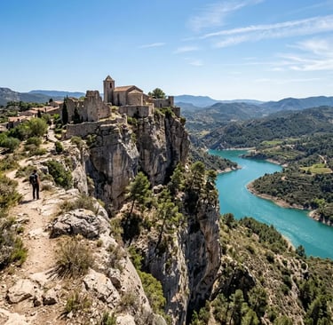 Siurana Castle ruins perched on cliff above turquoise reservoir in Catalonia