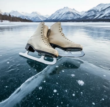 A pair of white figure skates resting on the natural frozen ice of Lake Zell, with the snowy Austria