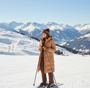 Full camel and brown ski outfit worn by a woman on a sunny ski slope in Kitzbühel Alps.