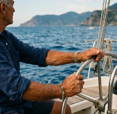 Experienced Italian skipper gripping a stainless steel boat wheel on the Ligurian Sea