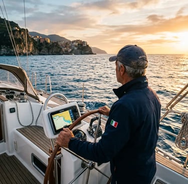 Professional skipper navigating private boat toward Cinque Terre villages at golden hour