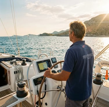 Skipper steering a private yacht through the Adriatic at golden hour