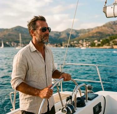 Professional skipper in linen shirt steering private boat on calm Adriatic waters near Puglia coast