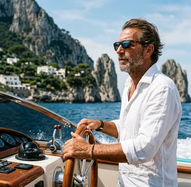 Experienced Italian skipper at the helm of private boat with Faraglioni cliffs behind, Capri
