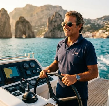 Licensed skipper steering modern yacht past the Faraglioni rocks on Capri cruise