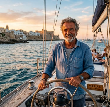  Experienced local skipper at the helm of sailing boat Maria II at sunset in Gallipoli, Puglia