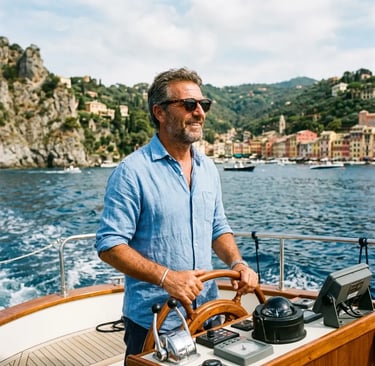 Professional skipper steering a private boat along the Cinque Terre Ligurian coast