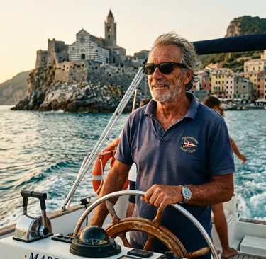 Italian skipper at the helm of a private boat with Church of San Pietro in Portovenere behind