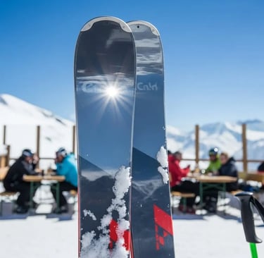 Skis standing upright in the snow with bright mountain sun in Val d’Isère