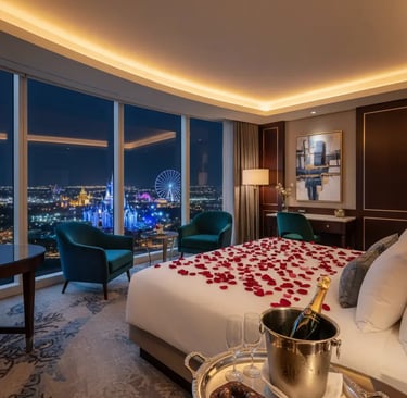 Luxury hotel suite decorated for Valentine's Day with rose petals on bed champagne and city night vi