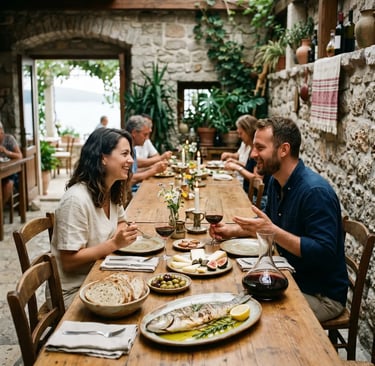 Couple enjoying slow romantic lunch with wine and fresh fish at traditional Croatian konoba tavern