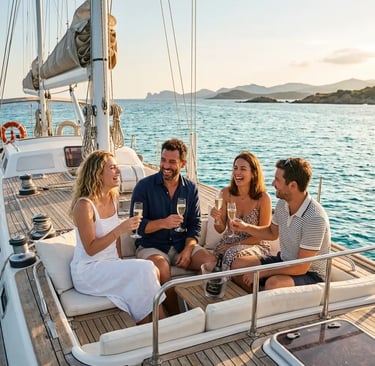 Small group of friends enjoying cava on a Mediterranean sailing yacht
