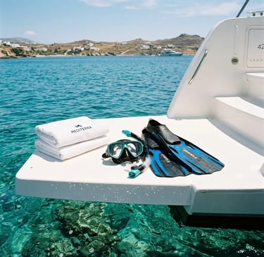 Snorkel mask fins and folded towels on a white boat swim platform over clear water