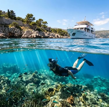 Snorkeler exploring clear Adriatic water over reef with tour boat above near Dubrovnik