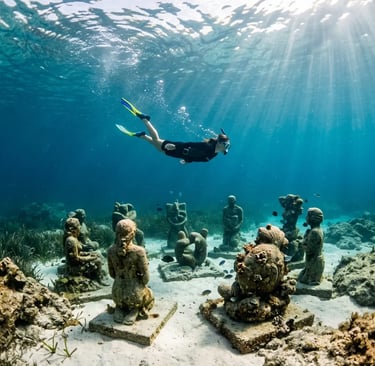 Snorkeler exploring submerged sculptures at the Blue Nautica underwater museum