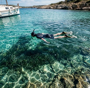 Snorkeler swimming in clear turquoise water near boat in Mediterranean Sea cove