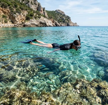 Woman snorkeling in shallow turquoise water with fish near Sardinian coast