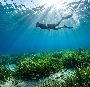 Snorkeling in crystal-clear waters above Posidonia seagrass near Capo Teulada Sardinia