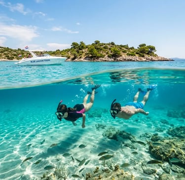Snorkelers in crystal clear Blue Lagoon near Budikovac Island on a Croatia boat tour