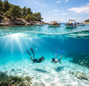  Snorkelers in crystal clear turquoise water at Blue Lagoon Budikovac, Croatia