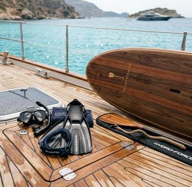 Professional snorkeling gear and wooden paddleboard arranged on polished teak yacht deck