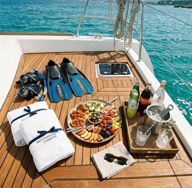 Snorkeling gear beach towels local snacks and soft drinks on catamaran teak deck