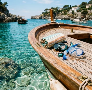 Two snorkeling masks and a striped towel on a wooden Gozzo boat bow in clear water
