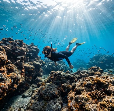 Snorkeler exploring volcanic rocks and fish in clear blue waters of Milos Greece