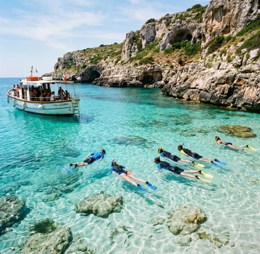 Snorkellers in crystal-clear turquoise water near tour boat during Salento caves boat tour swim stop