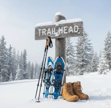 Snowshoes, poles, and hiking boots at a trailhead, representing the gear provided on the tour.