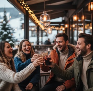 A happy couple toasting with drinks inside the cozy, wood-paneled interior of Le Tremplin restaurant