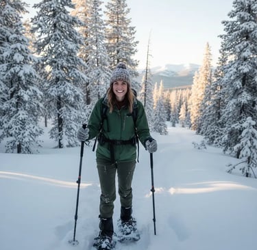 Solo traveler smiling while snowshoeing through a peaceful pine forest near Dillon, Colorado.