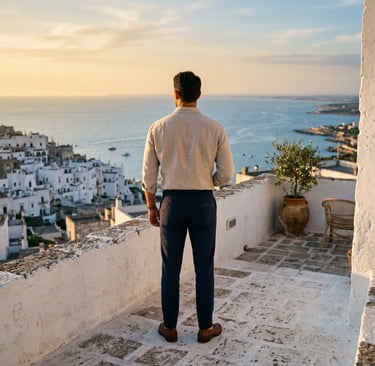 Elegant traveler on white terrace overlooking Ostuni old town and Adriatic Sea at sunset