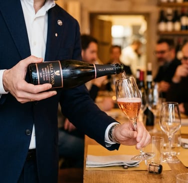 Sommelier pouring 32-month aged Metodo Classico Brut Rosé at Bari wine tasting