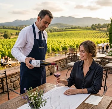 Sommelier pouring red Garnacha wine for guest at El Penedès vineyard terrace