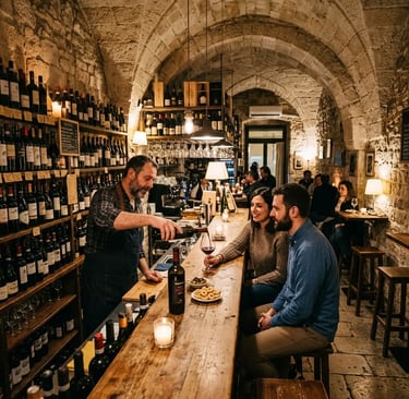 Sommelier pouring Primitivo wine for guests at an intimate stone-walled wine bar in Bari