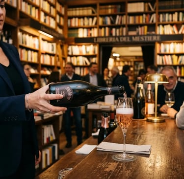 Sommelier pouring Metodo Classico Brut Rosé at a bookstore wine bar in Bari, Puglia