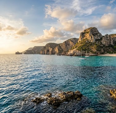 South Sardinia coastline at golden hour with sailboats anchored near rocky cliffs, Teulada area