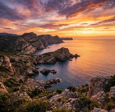 Dramatic sunset over the wild Capo Teulada coastline in Southern Sardinia