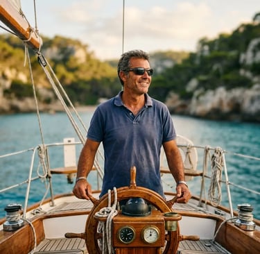 Local skipper Carlos at wooden helm of private sailboat in Menorca