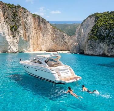 Luxury speedboat anchored in turquoise cove with swimmers near Zakynthos cliffs