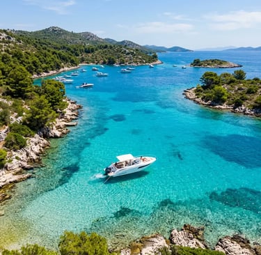 Private speedboat anchored in turquoise Blue Lagoon waters near Drvenik Veli island Croatia