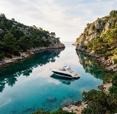 Modern speedboat anchored alone in a quiet turquoise Elaphiti cove with pine cliffs