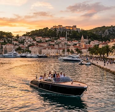 Group on a VIP island hopping Split boat arriving at Hvar town harbour at sunset