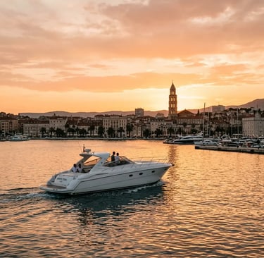 Raptor speedboat returning to Split harbor at sunset with Diocletian Palace view